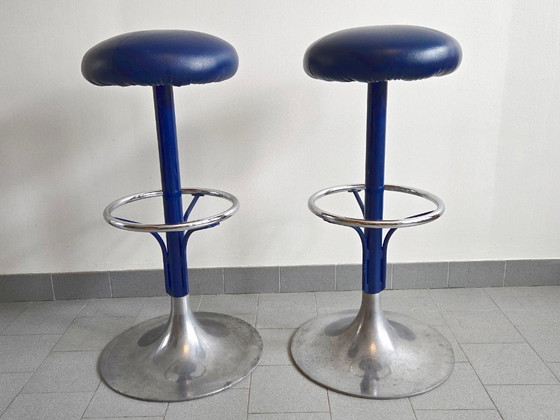 Image 1 of PAIRE DE TABOURETS DE BAR VINTAGE 1970 SIMILI-CUIR BLEU & ALUMINIUM DLG KNOLL
