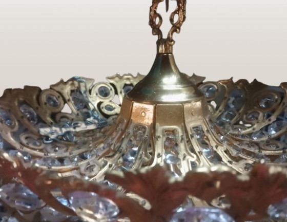 Image 1 of Lámpara de araña estilo Hollywood Regency en latón y cristal, diseñada por Peris Andreu en la década de 1970.