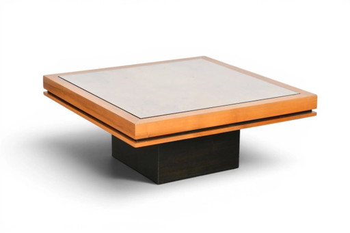 Mesa de centro de olmo, tapa de cristal templado, años 60/70