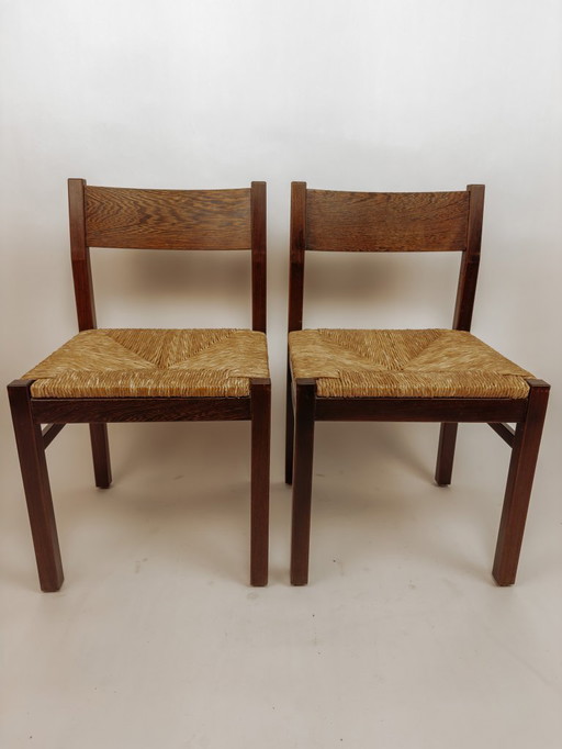 2x Vintage wenge wooden dining chairs with woven seat