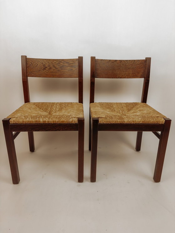 Image 1 of 2x Vintage wengé houten eetkamerstoelen met gevlochten zitting