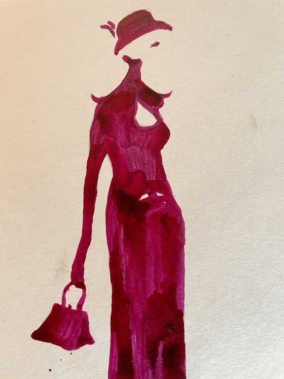 Image 1 of Tableau Signé Encre Gravure Mode Portrait Féminin " Paarse jurk " (gesigneerd)