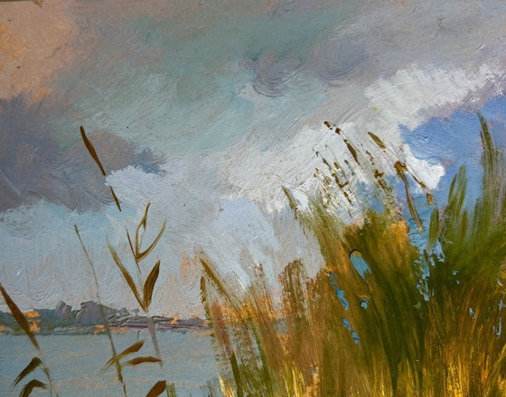 Image 1 of Original Oil Painting River Coastal Landscape A boat among the reeds