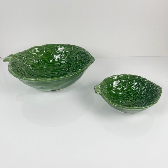 Image 1 of Vintage saladeset van groene artisjokbladeren met saladekom + 6 schalen, jaren 70