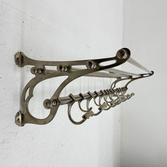 Portemanteau en métal avec étagère à chapeaux et crochets, Portemanteaux, Argenté, Art Nouveau (photo 2 sur 15)