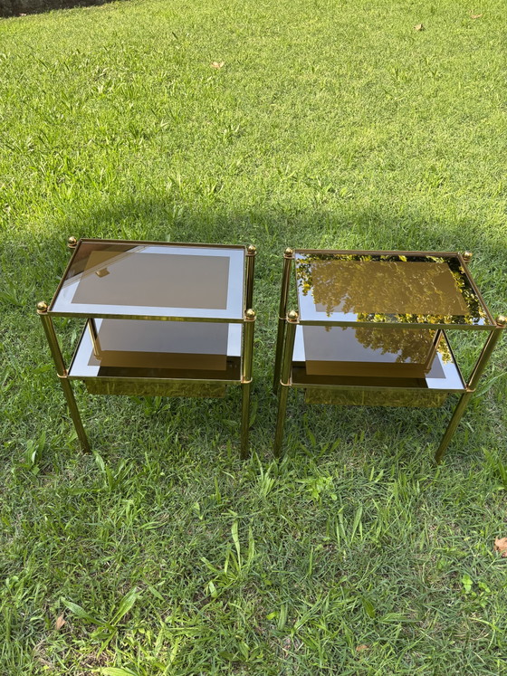 Pair of Italian Brass & Smoked Glass Bedside Tables with Drawers – 1970s – Comodini, Wood (photo 4 of 15)