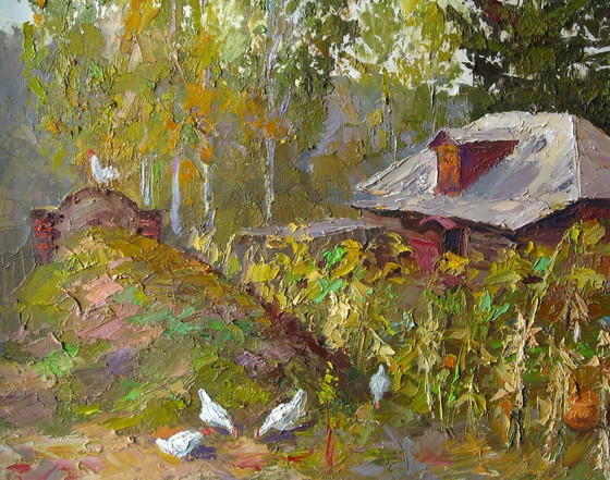 Original Ölgemälde Ländliche Landschaft Dorfhaus Sonnenblumen – Gemälde & Zeichnungen, Canvas (photo 6 of 8)