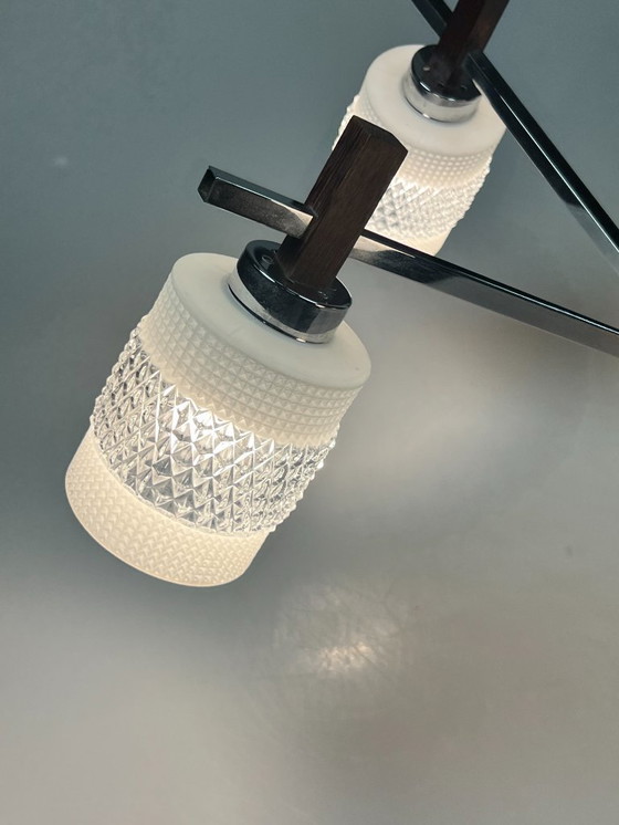 Image 1 of Vintage Kroonluchter, Chroom Met Glas En Hout, België 1970's