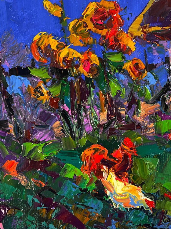 Image 1 of Origineel olieverfschilderij: Landelijk landschap, dorp, zonsondergang. De dag loopt ten einde.