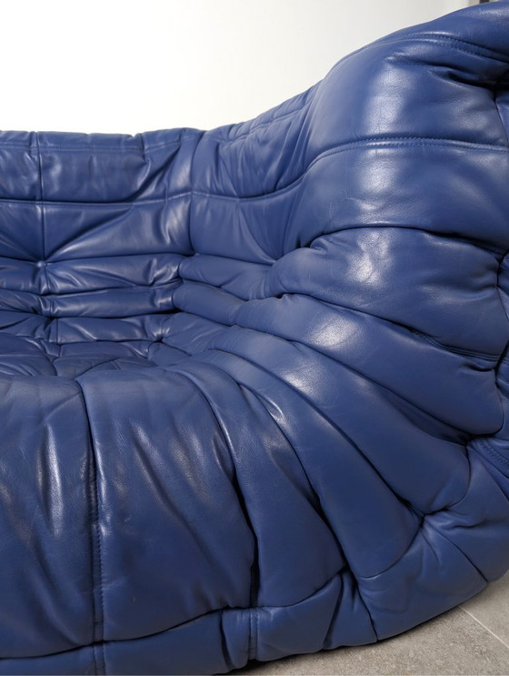 Image 1 of Michel Ducaroy Ligne Roset Ecksofa aus blauem Togo-Leder, Frankreich, 1980er Jahre