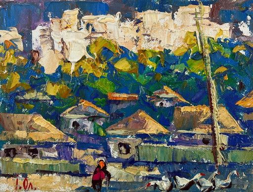Origineel olieverfschilderij: Zomers stadslandschap. Zonlicht stroomt zachtjes door de huizen.