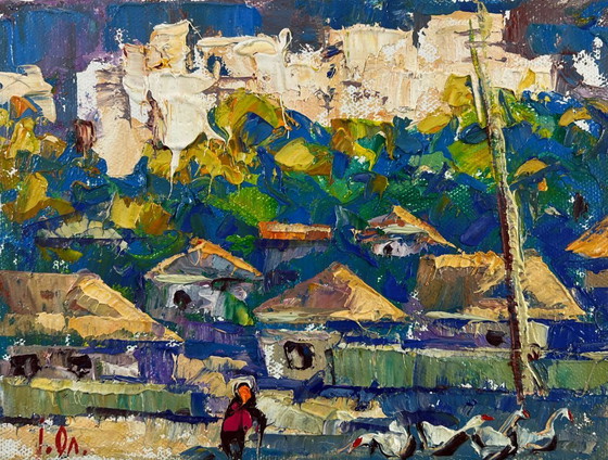 Image 1 of Original Oil Painting Summer City Landscape Sunlight gently pours through houses
