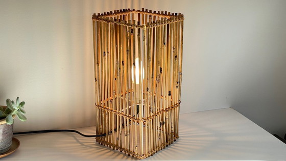 Image 1 of LAMP Cube Wood and Wicker VINTAGE
