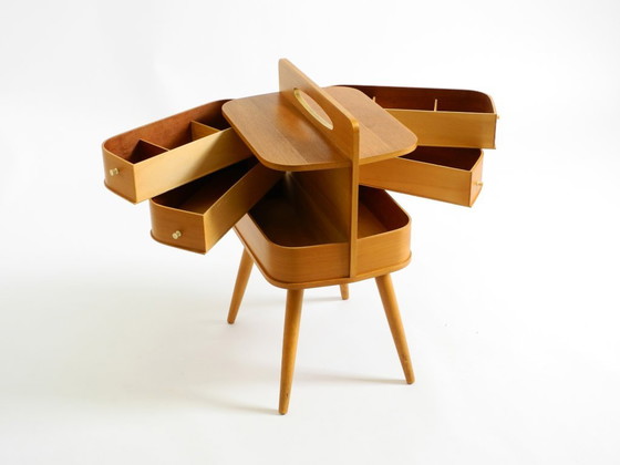 Bellissima scatola da cucito originale in teak Mid Century con scomparti a cerniera – Tavolini, Legno (photo 11 of 20)
