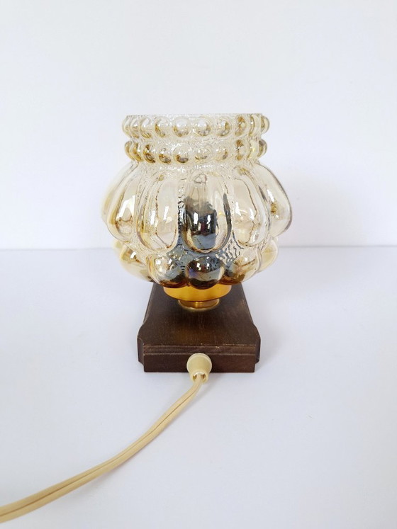 Image 1 of Mid Century Amber Glass Table Lamp / Retro Wood Brass Nightstand Light / 1970s Bubble Glass Desk Fixture / Vintage Small Lantern