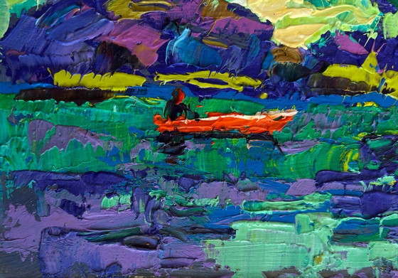 Image 1 of Original Oil Painting Evening River Landscape River and yellow sunset