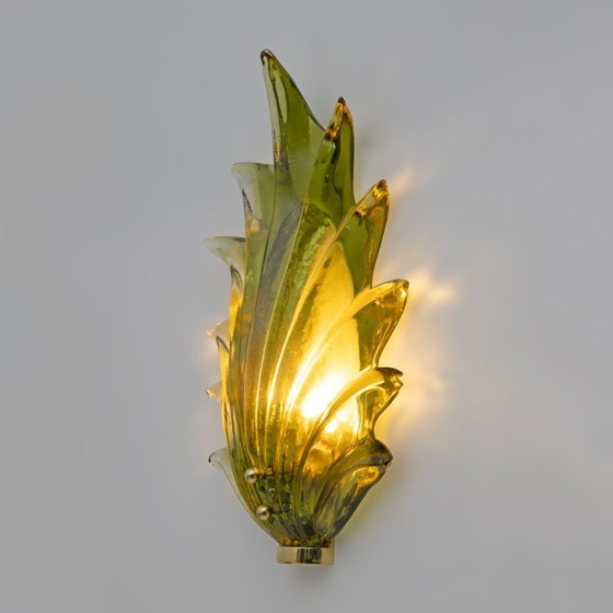 Image 1 of Pair Barovier & Toso Style Modern Italian Murano Glass Leaf Sconces