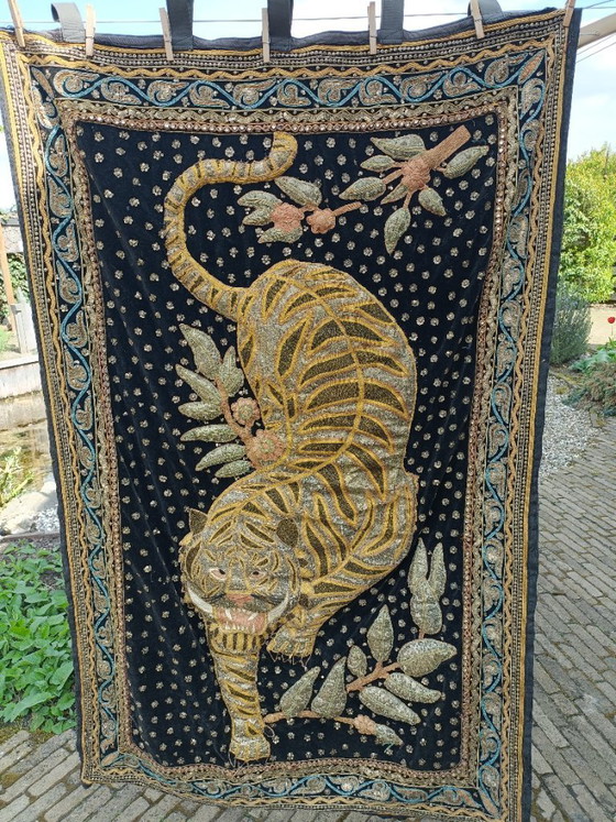 Image 1 of Arazzo vintage KALAGA proveniente dalla Birmania, raffigurante una tigre, 1,50 x 1,00 m