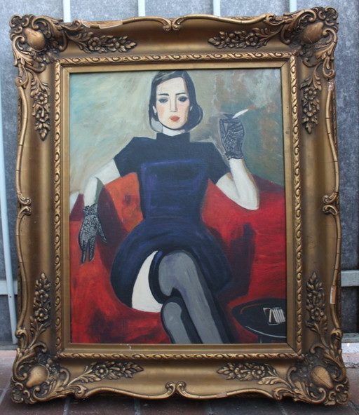 Lady Smoking in Art Nouveau Style, 1950s, Oil Painting, Framed