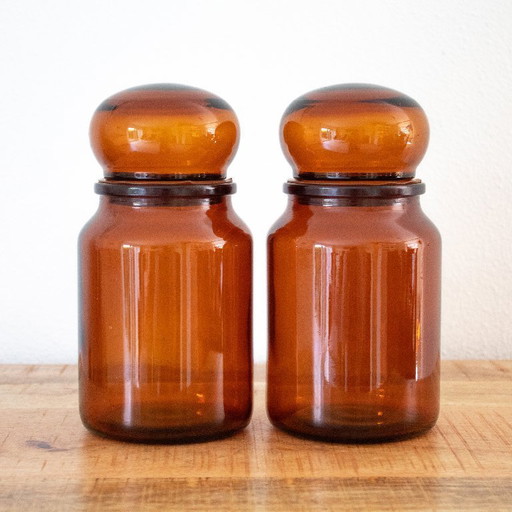 Vintage set of Belgian amber-brown glass apothecary jars – decoratieve objecten
