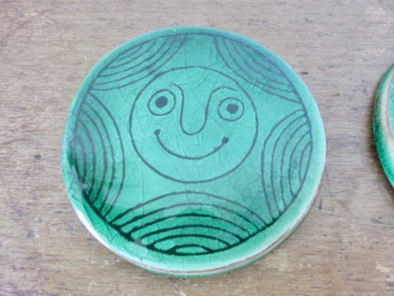 Image 1 of Juego de 6 posavasos de cerámica verde craquelada, años 60 70