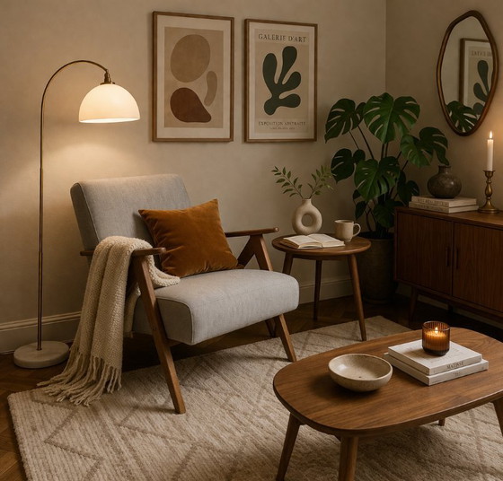 Fauteuil vintage moderne du milieu du siècle : tissu gris et structure en bois de hêtre – Wood (photo 7 of 12)