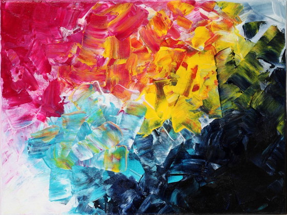 Image 1 of Acrylic painting on canvas in blue, pink, and yellow.