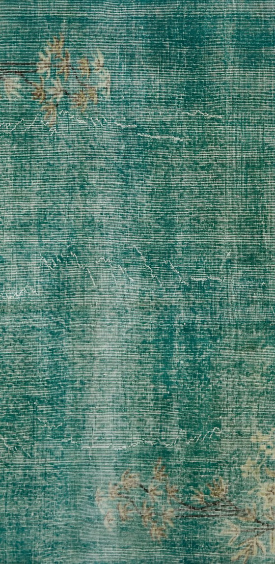 Vintage Turkish Overdyed Rug 261x162 Cm – Teal Handknotted Wool Carpet With Distressed Floral Design (photo 5 of 12)
