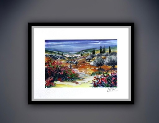 Ella Fort : "L'Arrivée". Lithographie en couleurs signée à la main, E.A..