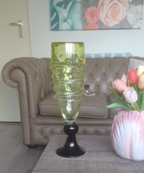 Image 1 of Large serpentine glass vase honey green/yellow 43cm