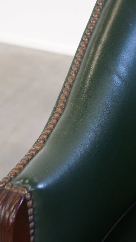 Image 1 of Beistell-/Ess-/Bürostuhl aus grünem Rindsleder und Holz im englischen Stil