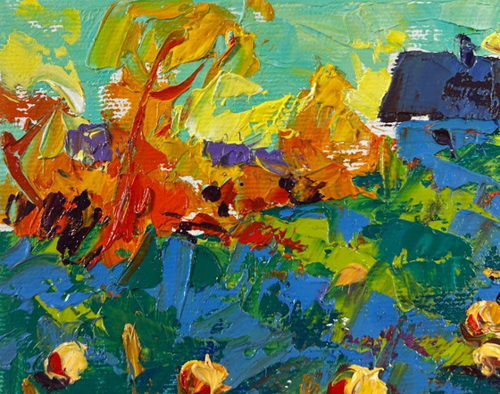 Image 1 of Original Oil Painting Summer House Landscape Work in the Garden
