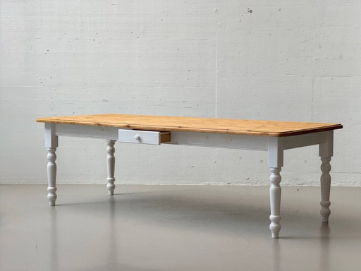 Large country-style dining table, solid wood, white painted, 1980s