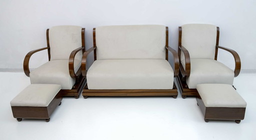 Canapé Art Dèco italien en noyer et velours, deux fauteuils et ottomans, années 1920