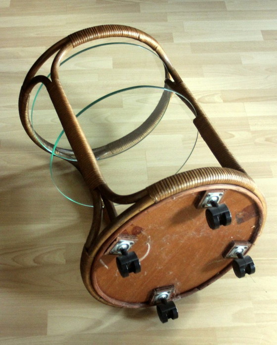 Carrello bar rotondo in bambù/rattan/legno - 3 ripiani – Oggetti decorativi, Glass, Bamboo, Vintage (photo 8 of 11)