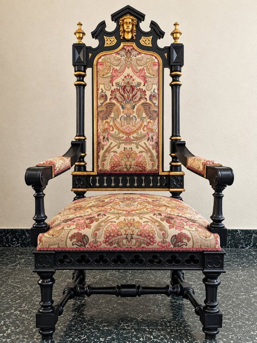 Ebonized and Gilded Historicist Armchair