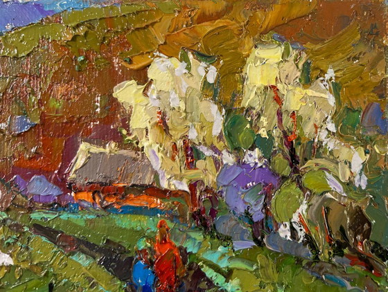 Image 1 of Original Oil Painting Summer Field Landscape Path to the village