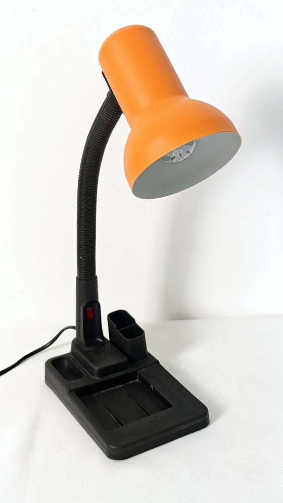 Vintage Orange Gooseneck Desk Lamp, 1990s Memphis Style Task Light, Organizer Base, Table lamps, Plastic (photo 4 of 9)