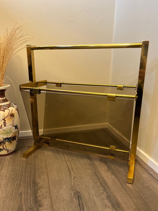Vintage brass smoked glass magazine rack / newspaper rack