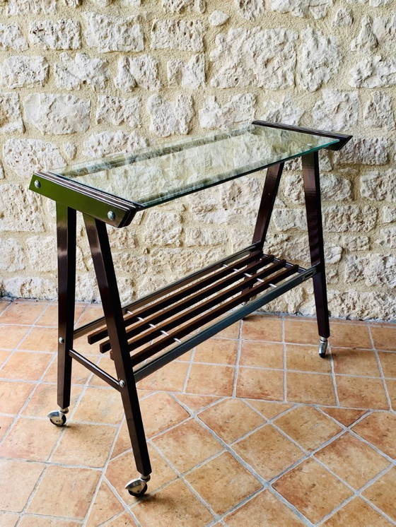Image 1 of Vintage Glass and Brushed Metal Side Table on Wheels from Zuenelli, 1960s