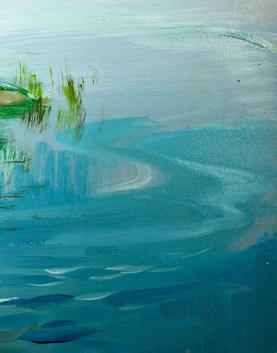 Image 1 of Pintura al óleo original Paisaje fluvial costero Río cerca del pueblo