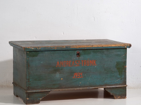 Baule antico con patina verde turchese (Anno 1935) #10 – Armadi contenitori (photo 2 of 30)