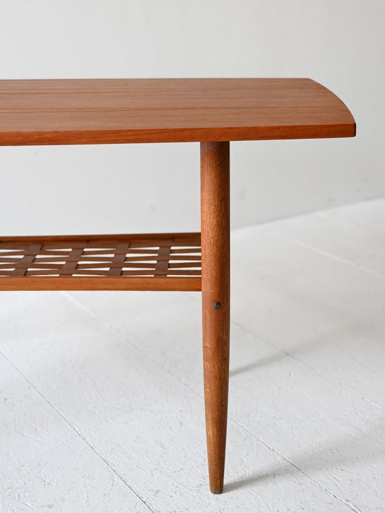 Image 1 of 1950s/60s Scandinavian Teak Coffee Table with Woven Shelf