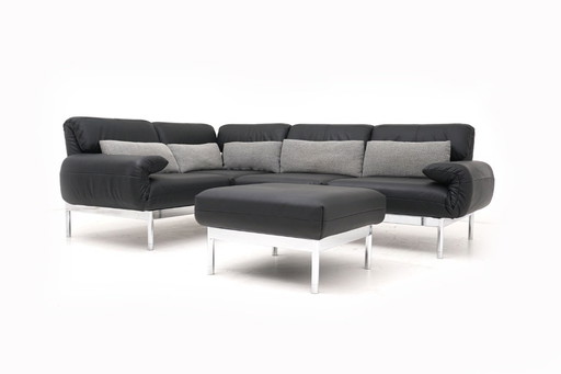 Sofá esquinero Rolf Benz Plura 380, sofá, taburete, cuero, negro