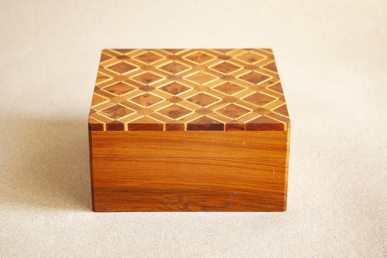 Image 1 of Tropical wood box, leather-style, handmade with orange wood inlay. Jewelry box. Multipurpose box.