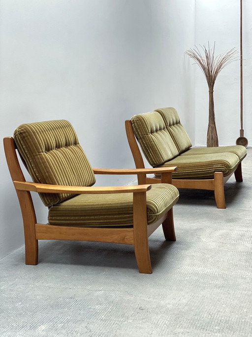 Vintage armchair & 2-seater set mohair green