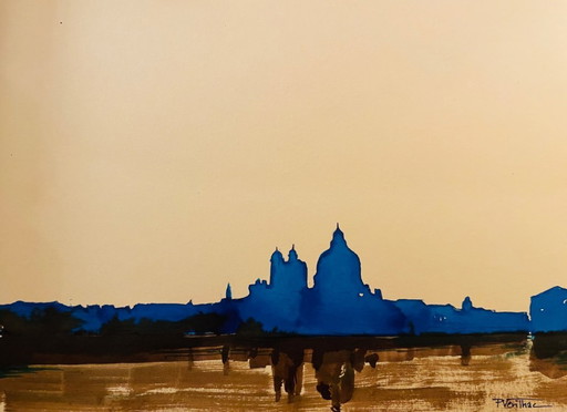 Tableau signé aquarelle bichrome « crépuscule sur Venise »
