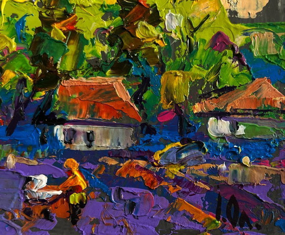 Image 1 of Original Oil Painting Summer Houses Landscape On the outskirts of the city