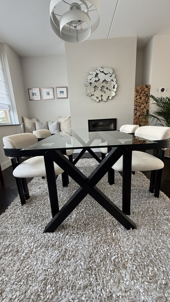 Image 1 of Ensemble de salle à manger complet Habitat en verre et bois avec 4 chaises