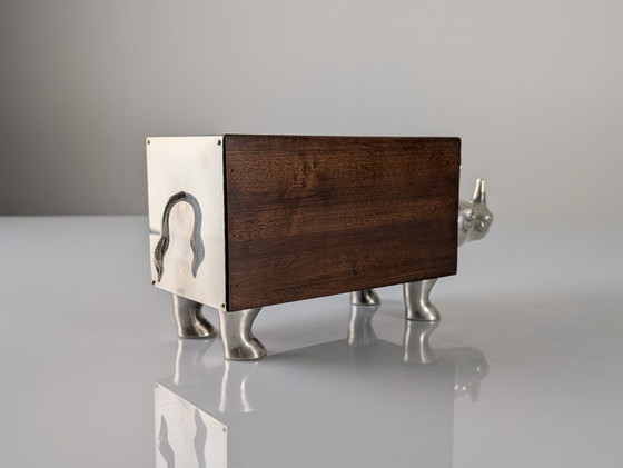 Image 1 of Almazán Rhino Bottle Holder, Mid-Century Modern Wood & Nickel Silver, 1960s